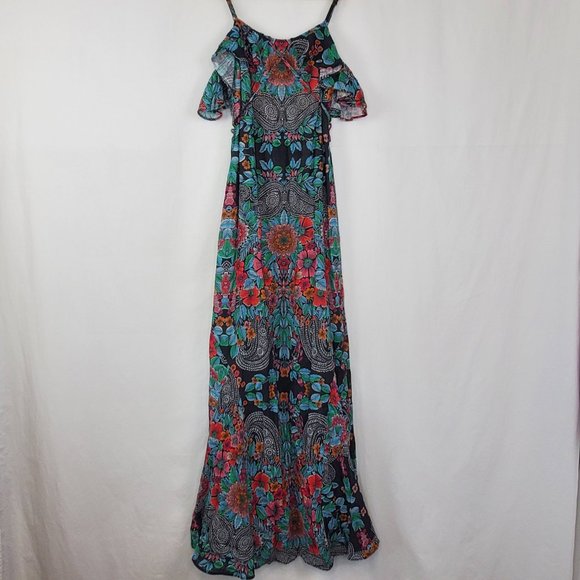 Sky Nesermy Beautiful Floral & Paisley Off the Shoulder Ruffle Top Maxi Dress - Picture 14 of 16